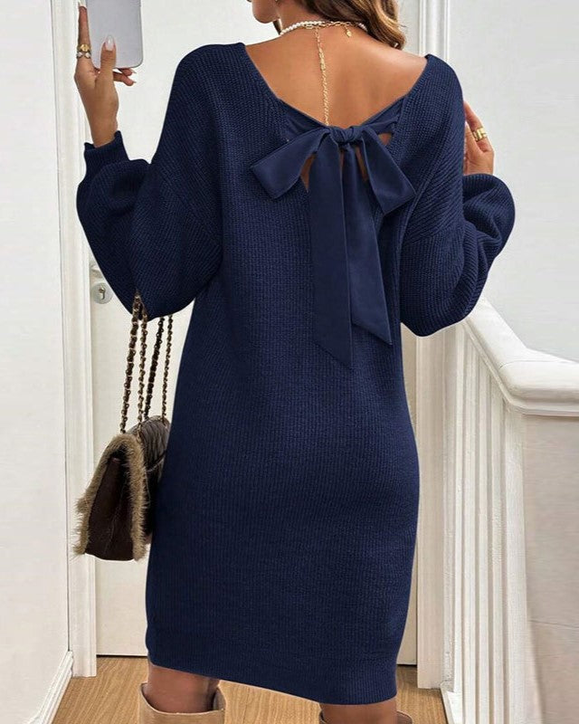 Back Bow Slouchy Knit Mini Dress - DarkBlue - 1