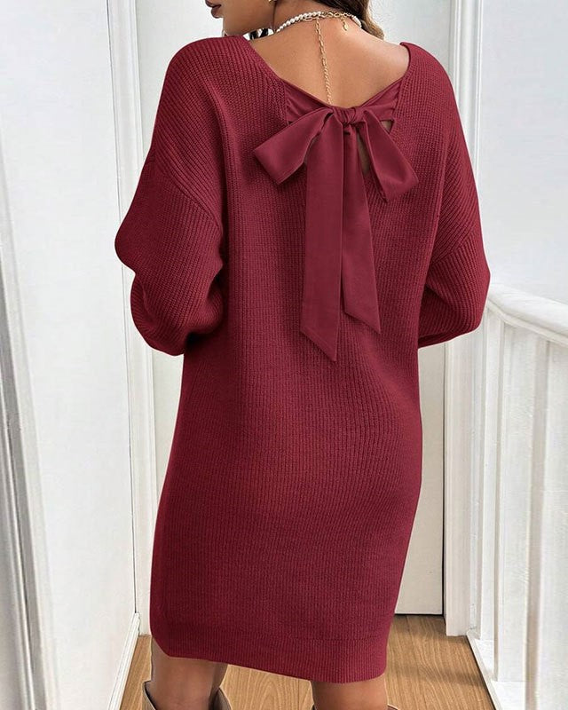 Back Bow Slouchy Knit Mini Dress - WineRed