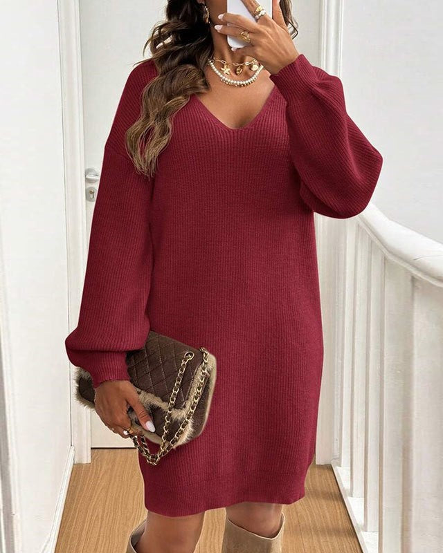 Back Bow Slouchy Knit Mini Dress - WineRed - 1