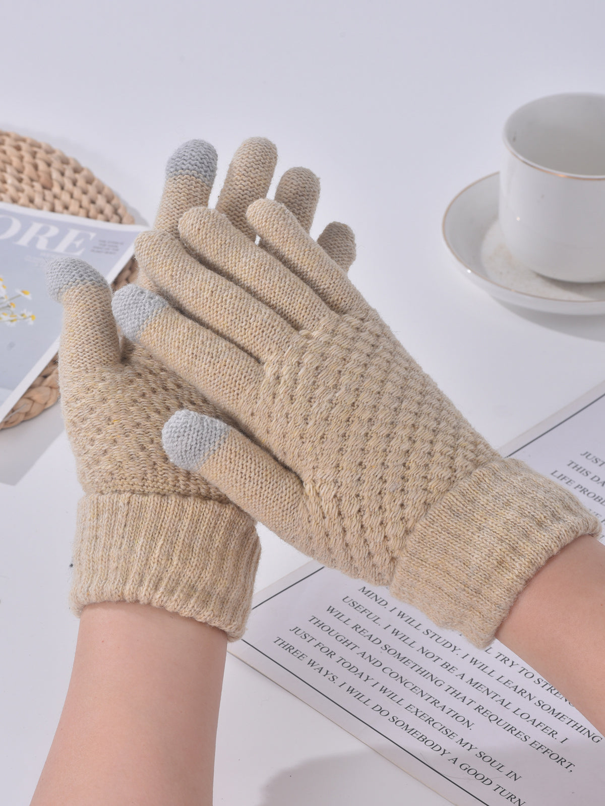 Waffle Knit Gloves With Touch Tips - Beige