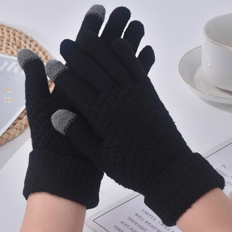 Waffle Knit Gloves With Touch Tips - black
