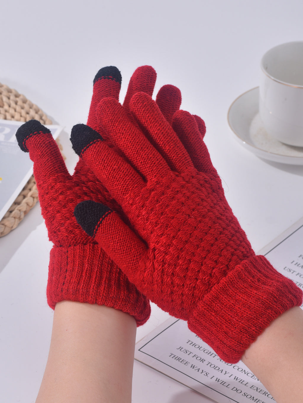 Waffle Knit Gloves With Touch Tips - red