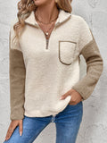 Color Block Sherpa Half Zip Sweatshirt - Apricot