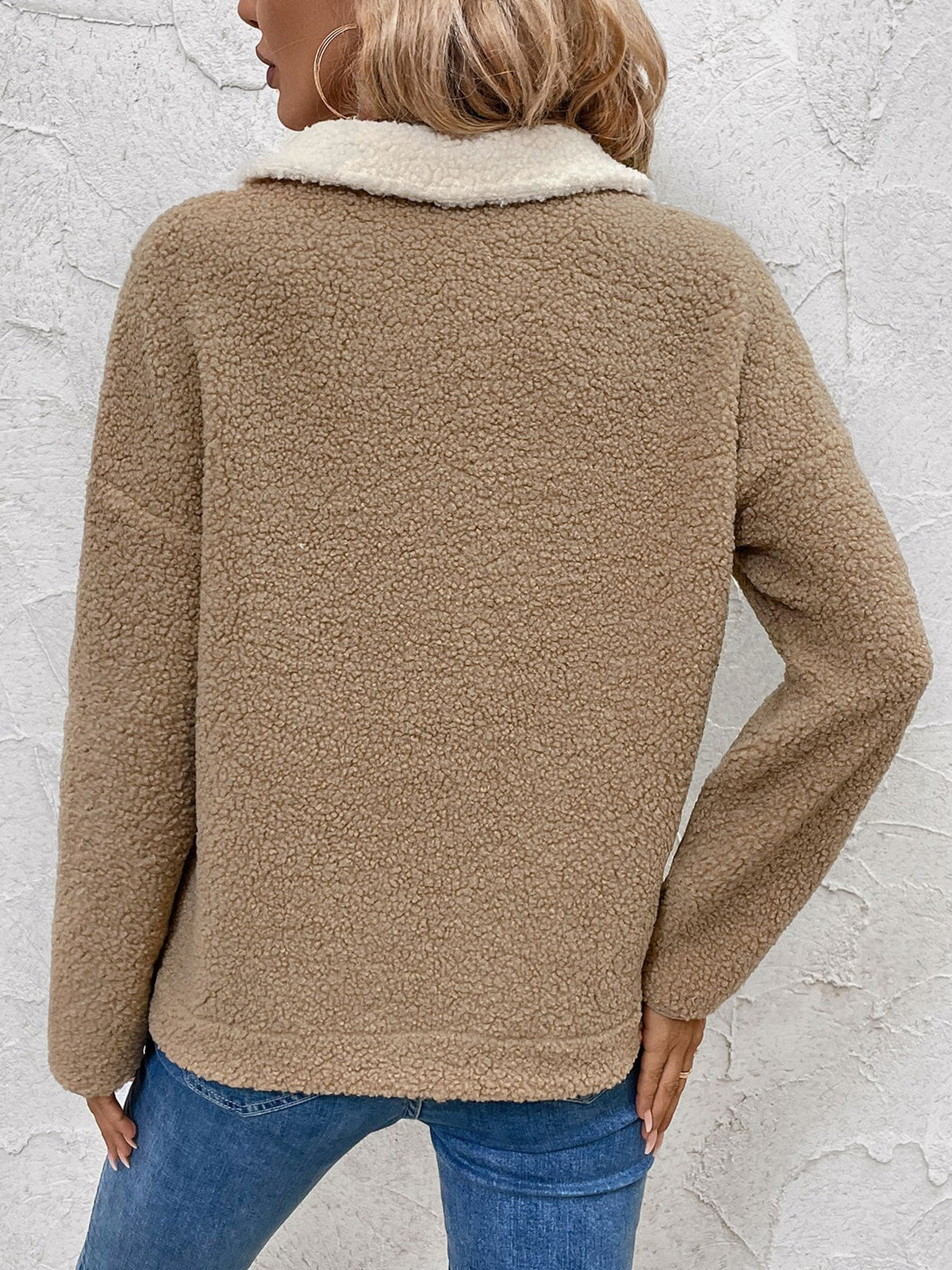 Color Block Sherpa Half Zip Sweatshirt - Apricot - 3