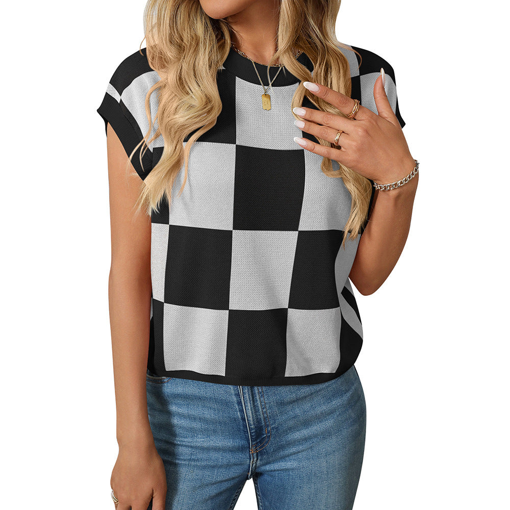 Checkerboard Crew Neck Knit Tee - NO03