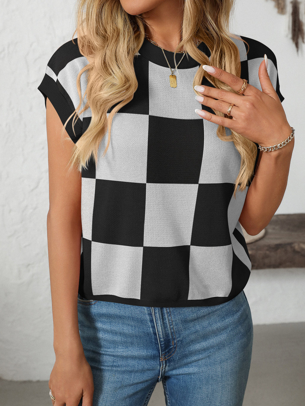 Checkerboard Crew Neck Knit Tee - NO03 - 2
