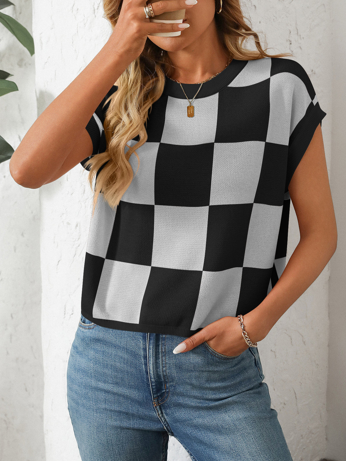 Checkerboard Crew Neck Knit Tee - NO03 - 3