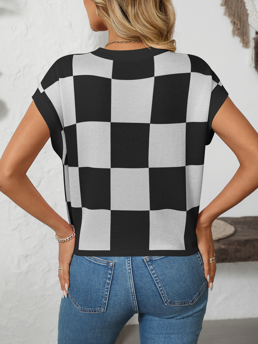 Checkerboard Crew Neck Knit Tee - NO03 - 5