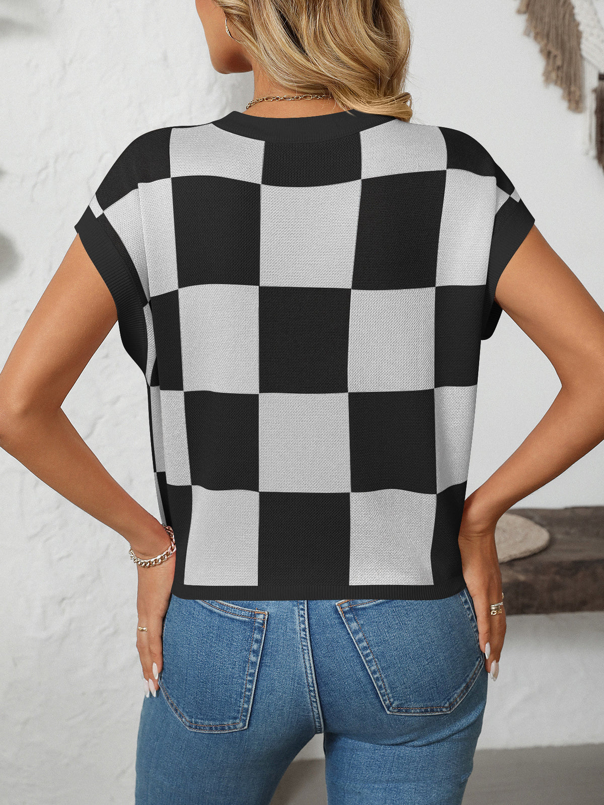 Checkerboard Crew Neck Knit Tee - NO03 - 5