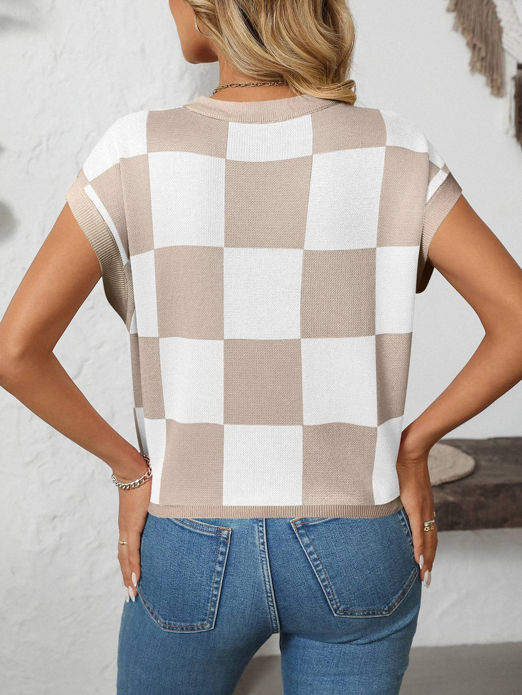 Checkerboard Crew Neck Knit Tee - NO04 - 3