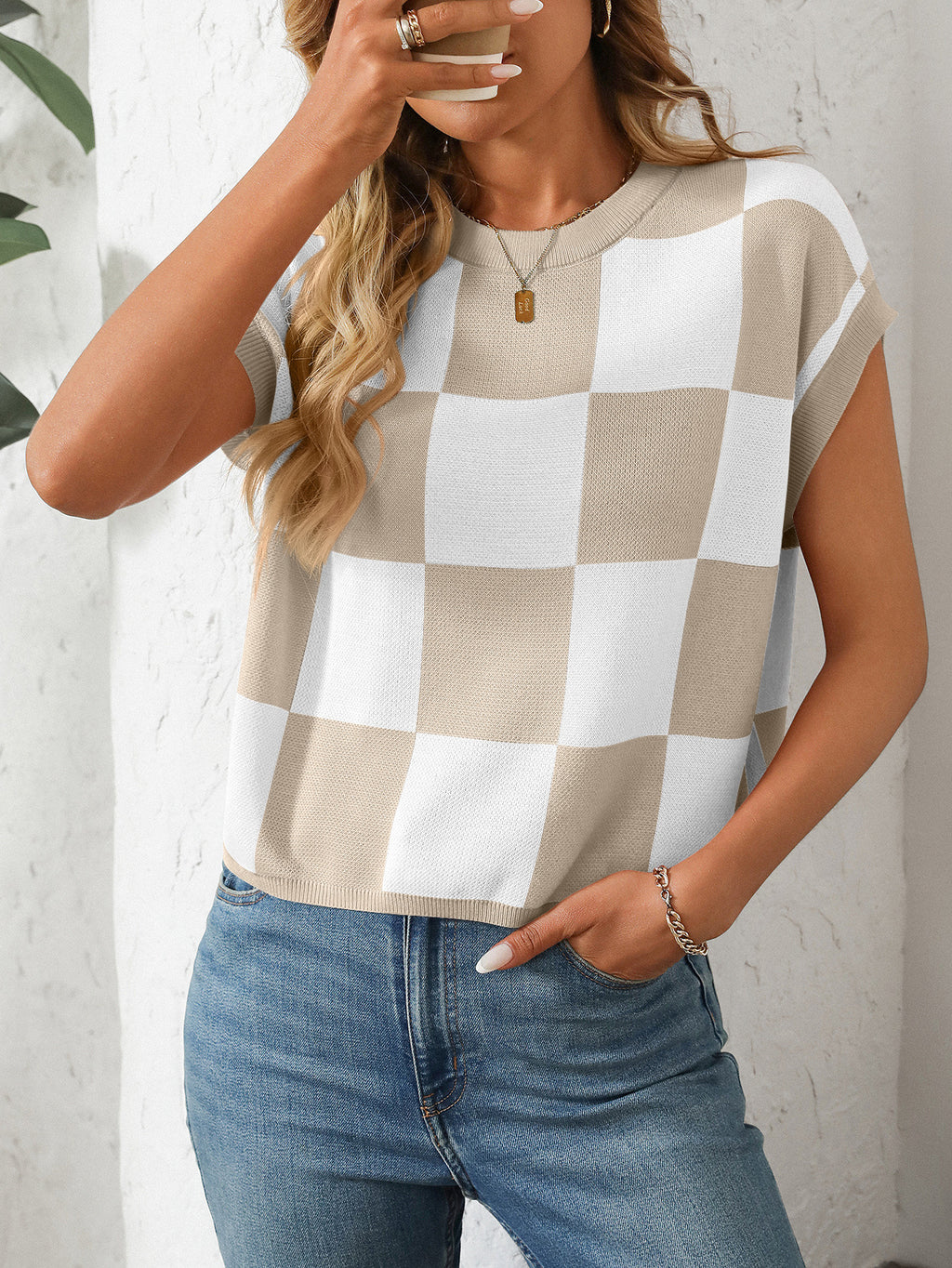 Checkerboard Crew Neck Knit Tee - NO04 - 4