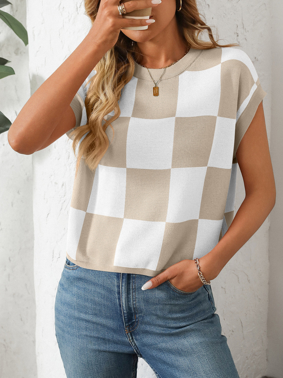 Checkerboard Crew Neck Knit Tee - NO04 - 4