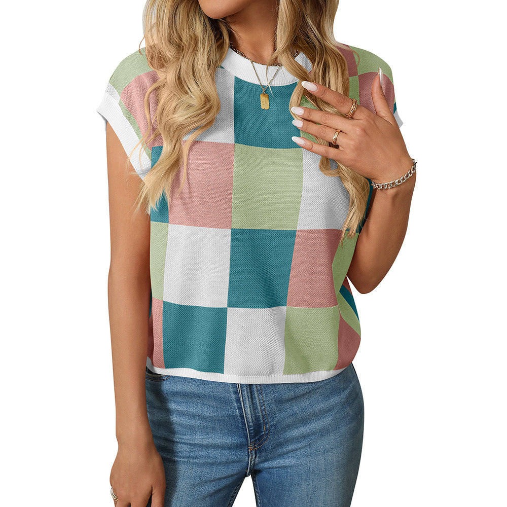 Checkerboard Crew Neck Knit Tee - NO06