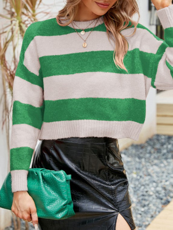 Wide Rugby Stripe Cropped Knit Sweater - Green - 1