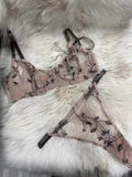 Floral Embroidered Sheer Mesh Underwire Bra Thong Set - Khaki
