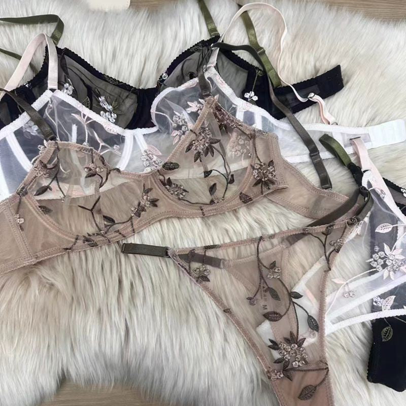 Floral Embroidered Sheer Mesh Underwire Bra Thong Set