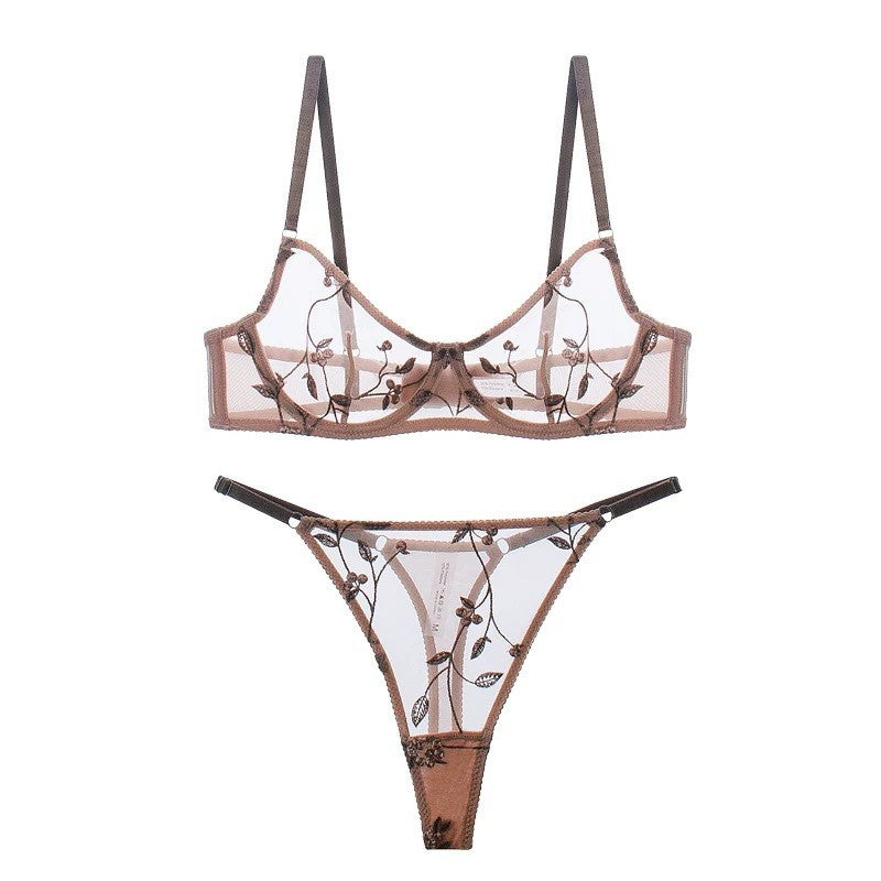 Floral Embroidered Sheer Mesh Underwire Bra Thong Set