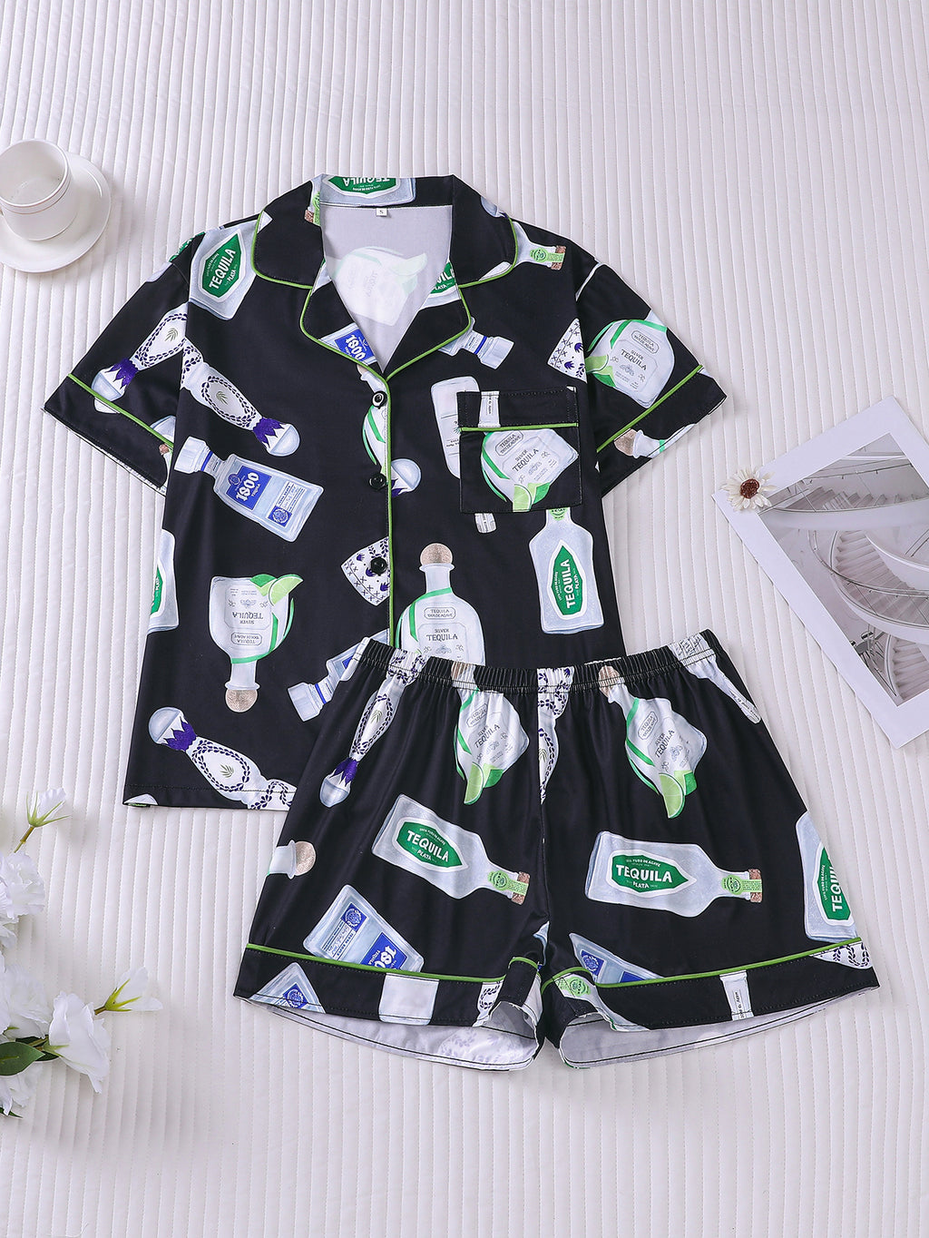 Ribbon and Blossom Print Satin Pajama Set - Black