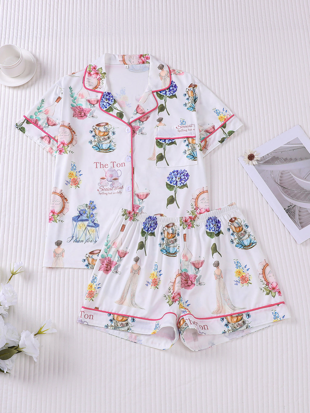 Ribbon and Blossom Print Satin Pajama Set - Floral