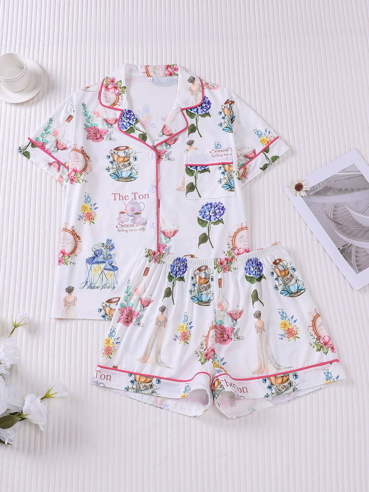 Ribbon and Blossom Print Satin Pajama Set - Floral