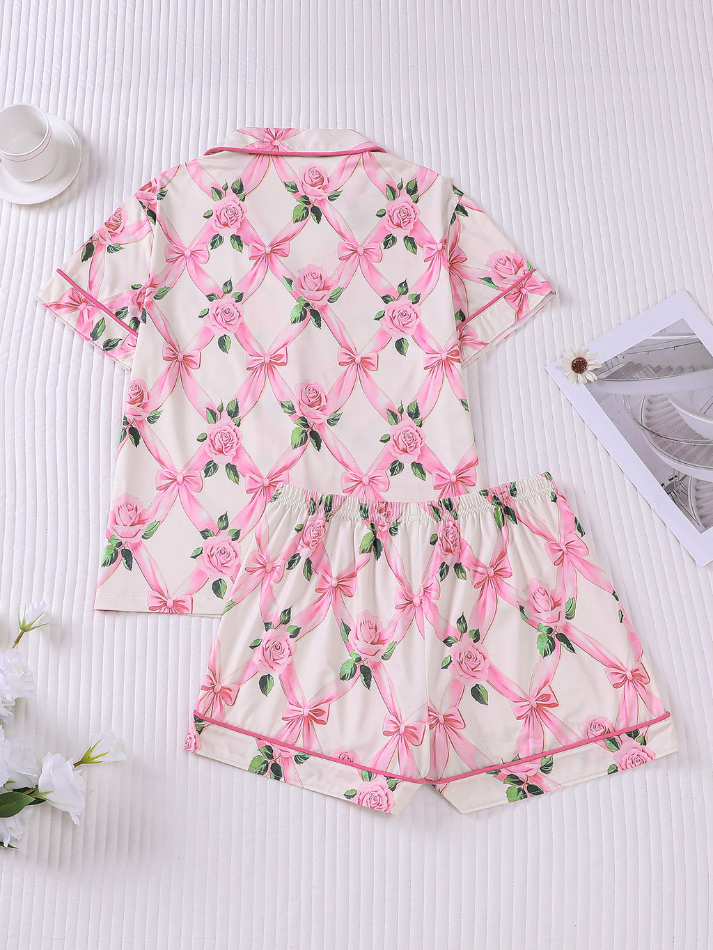 Ribbon and Blossom Print Satin Pajama Set - Flowers - 1