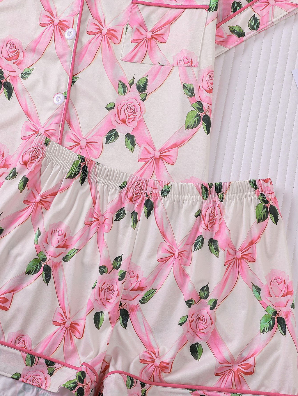 Ribbon and Blossom Print Satin Pajama Set - Flowers - 2