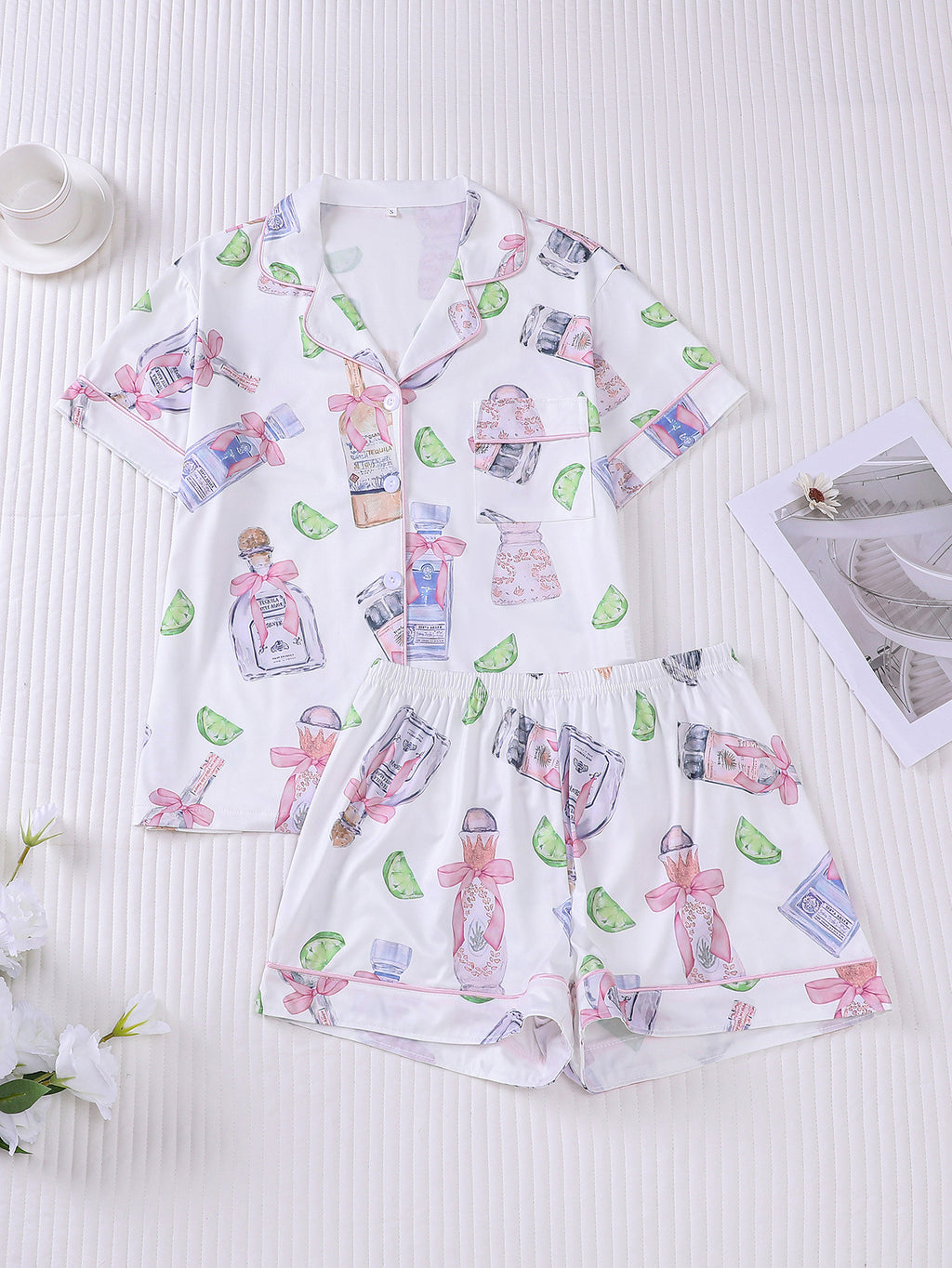 Ribbon and Blossom Print Satin Pajama Set - White