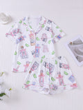 Ribbon and Blossom Print Satin Pajama Set - White