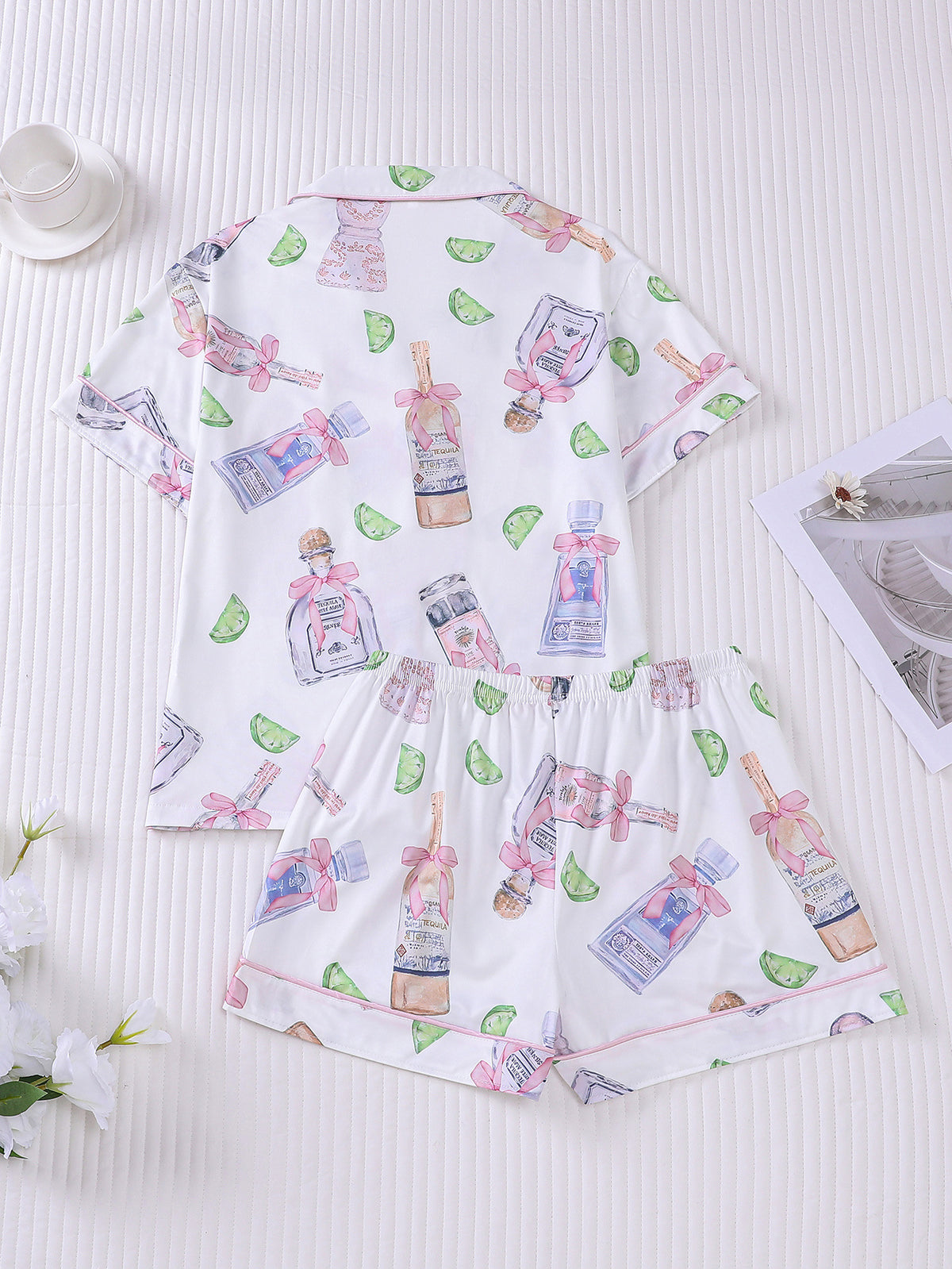 Ribbon and Blossom Print Satin Pajama Set - White - 1