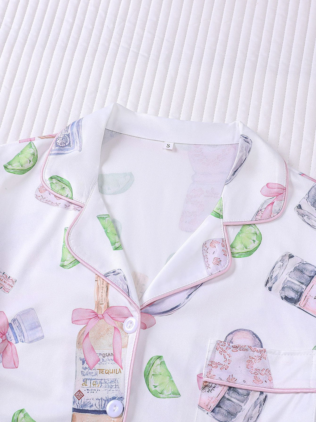 Ribbon and Blossom Print Satin Pajama Set - White - 2