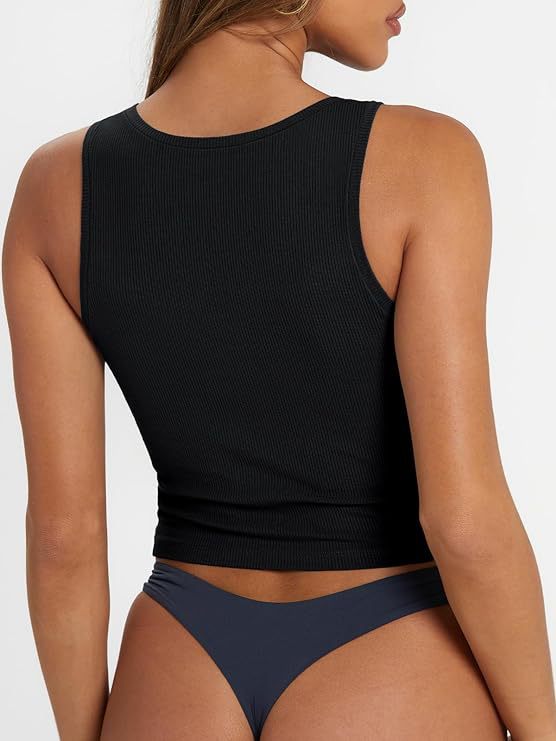 Fitted Rib Knit Square Neck Tank - Black - 2
