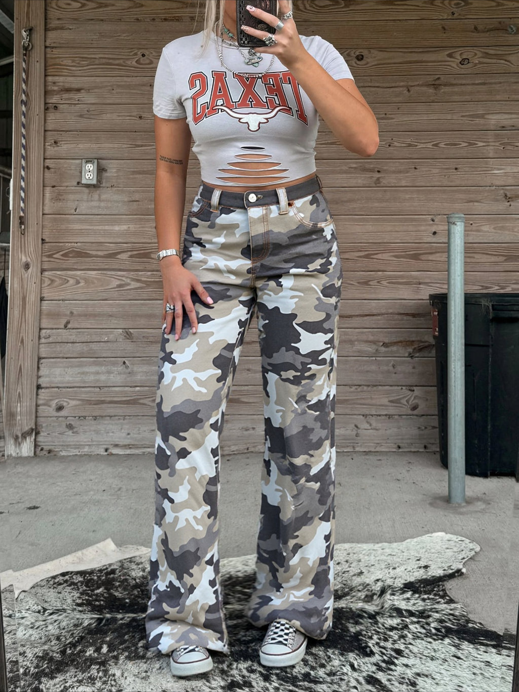 High Rise Camo Wide Leg Cotton Trousers - camo
