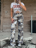 High Rise Camo Wide Leg Cotton Trousers - camo