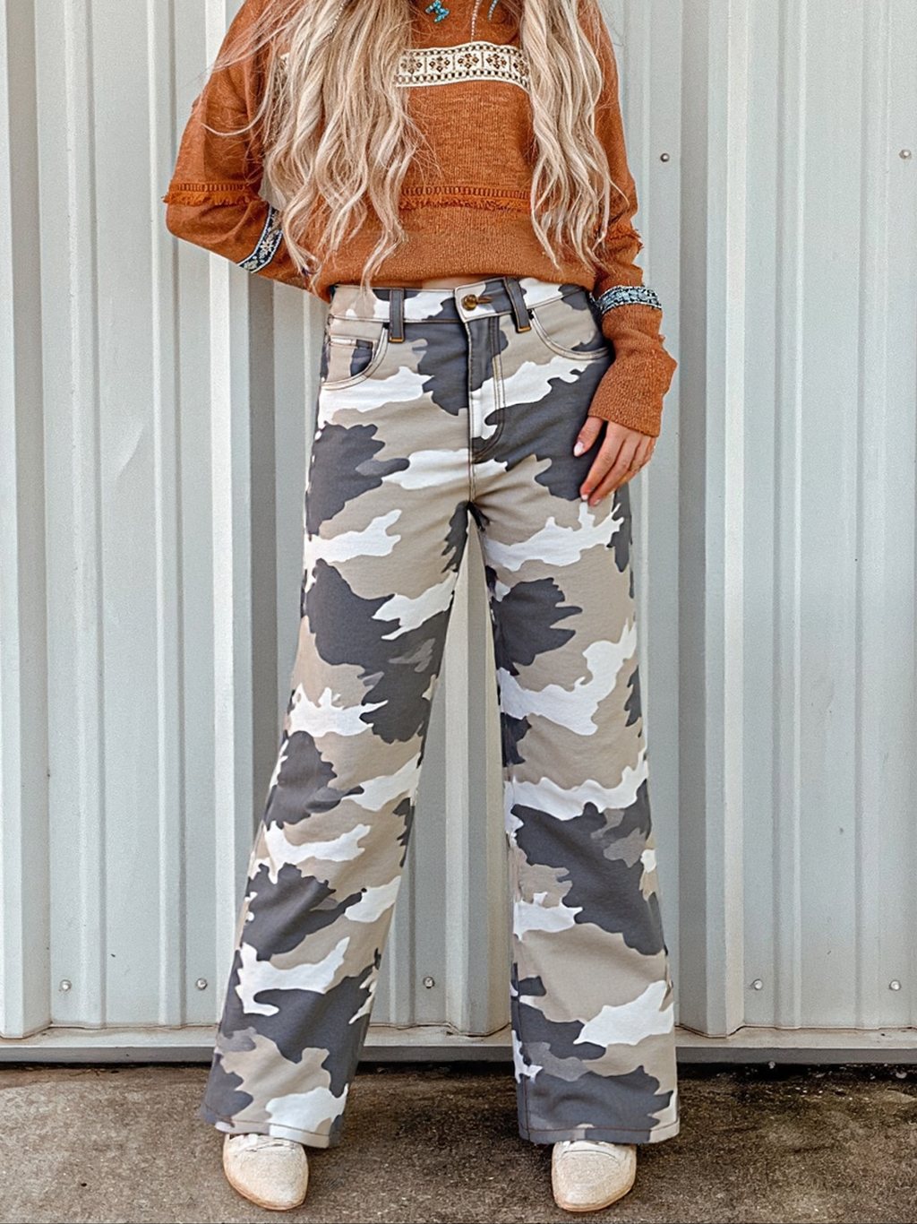 High Rise Camo Wide Leg Cotton Trousers - camo - 2