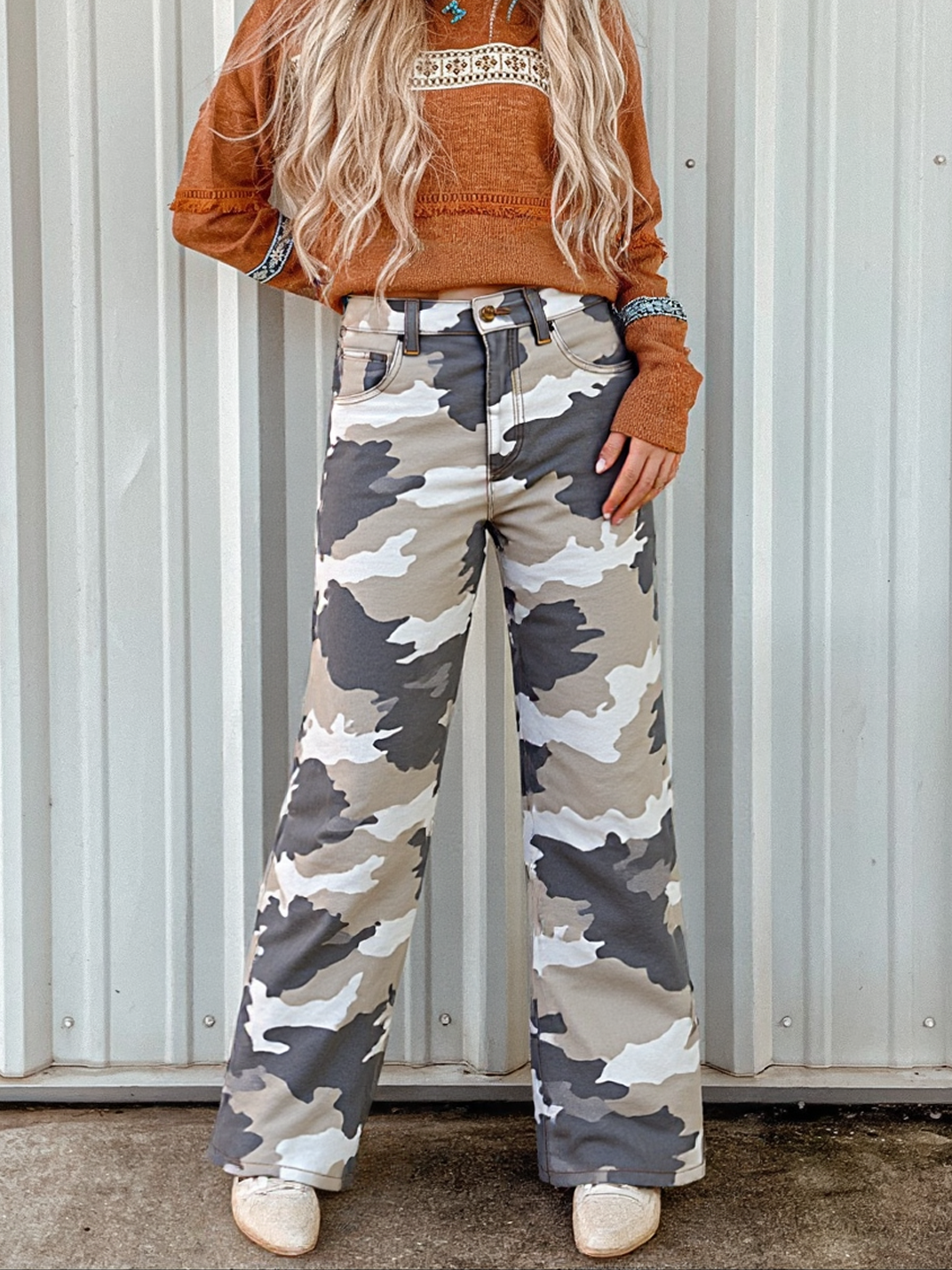 High Rise Camo Wide Leg Cotton Trousers - camo - 2