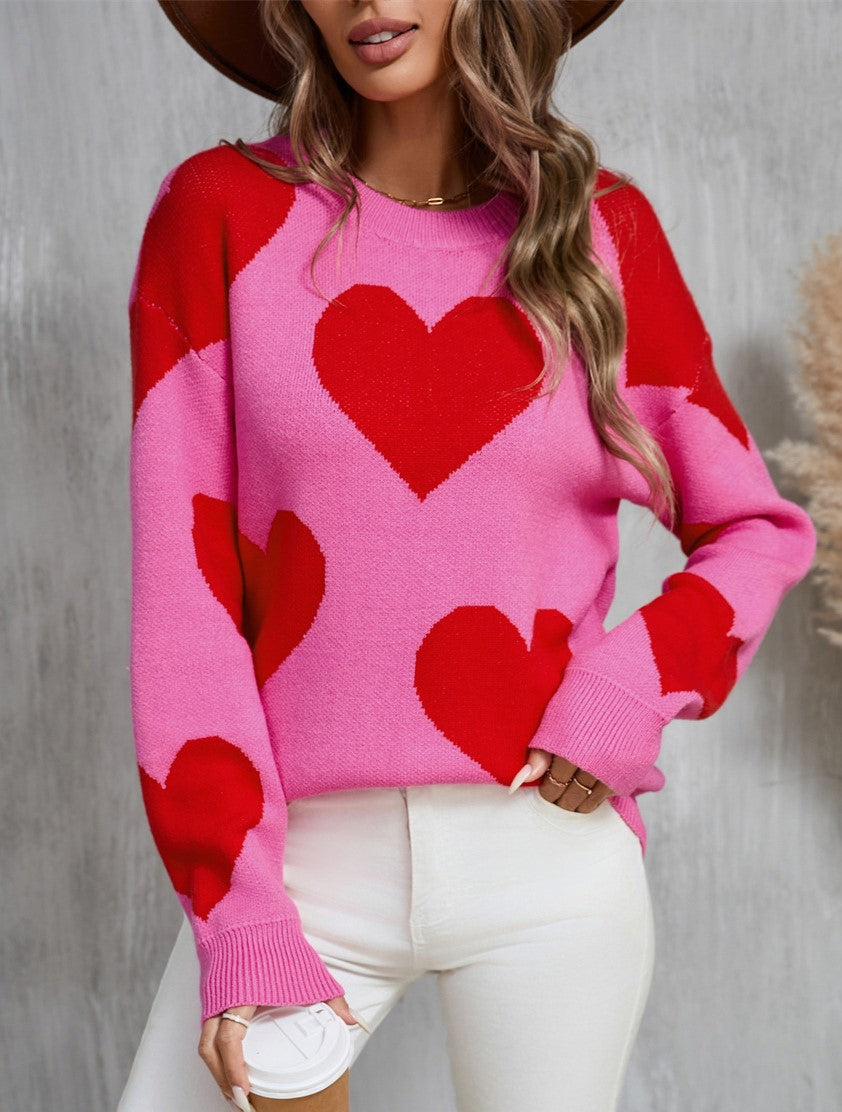 Colorblock Heart Intarsia Knit Sweater - Rosered - 1