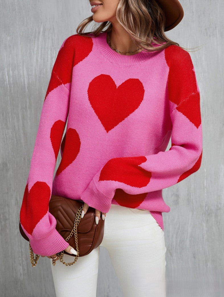 Colorblock Heart Intarsia Knit Sweater - Rosered - 2