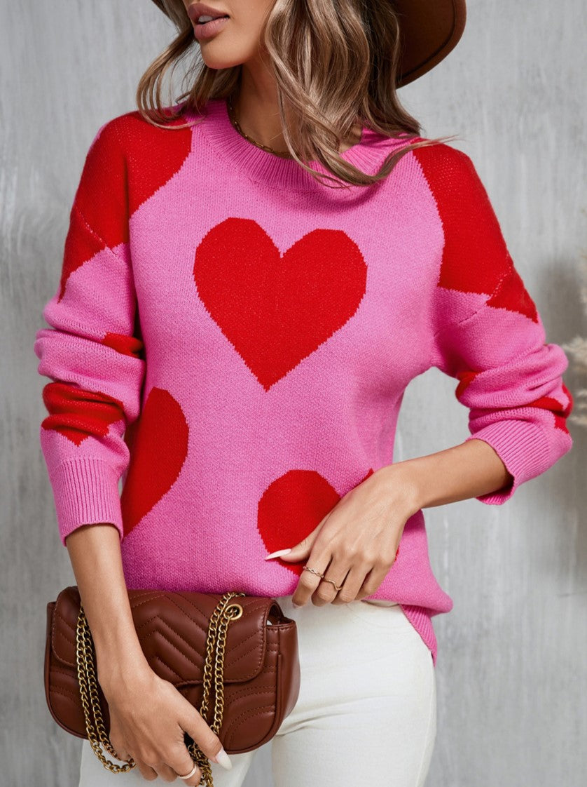 Colorblock Heart Intarsia Knit Sweater - Rosered - 3
