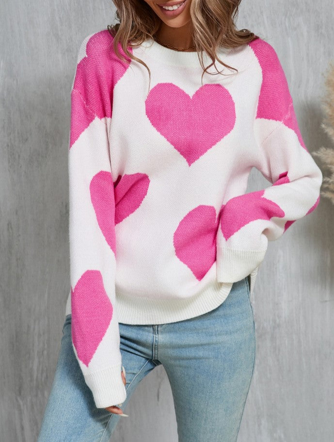 Colorblock Heart Intarsia Knit Sweater - White - 1
