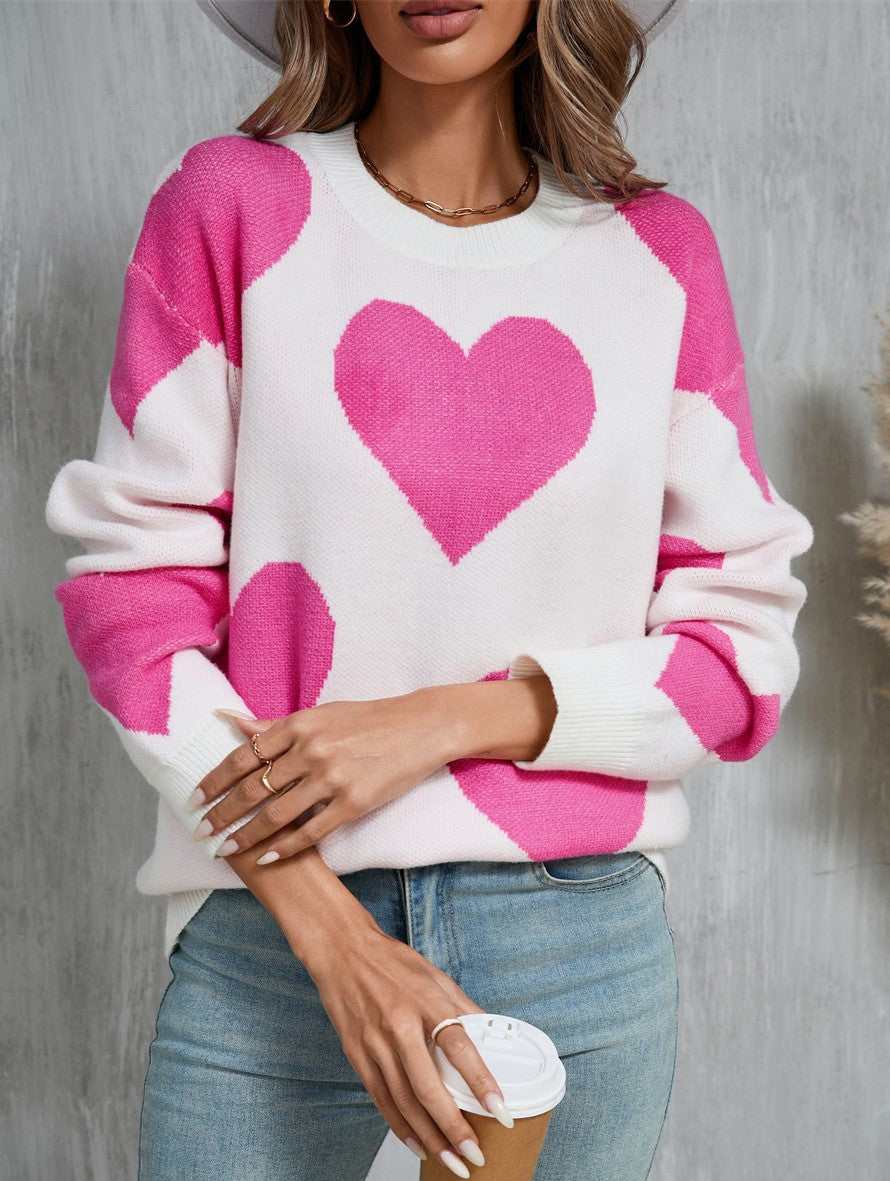 Colorblock Heart Intarsia Knit Sweater - White - 2