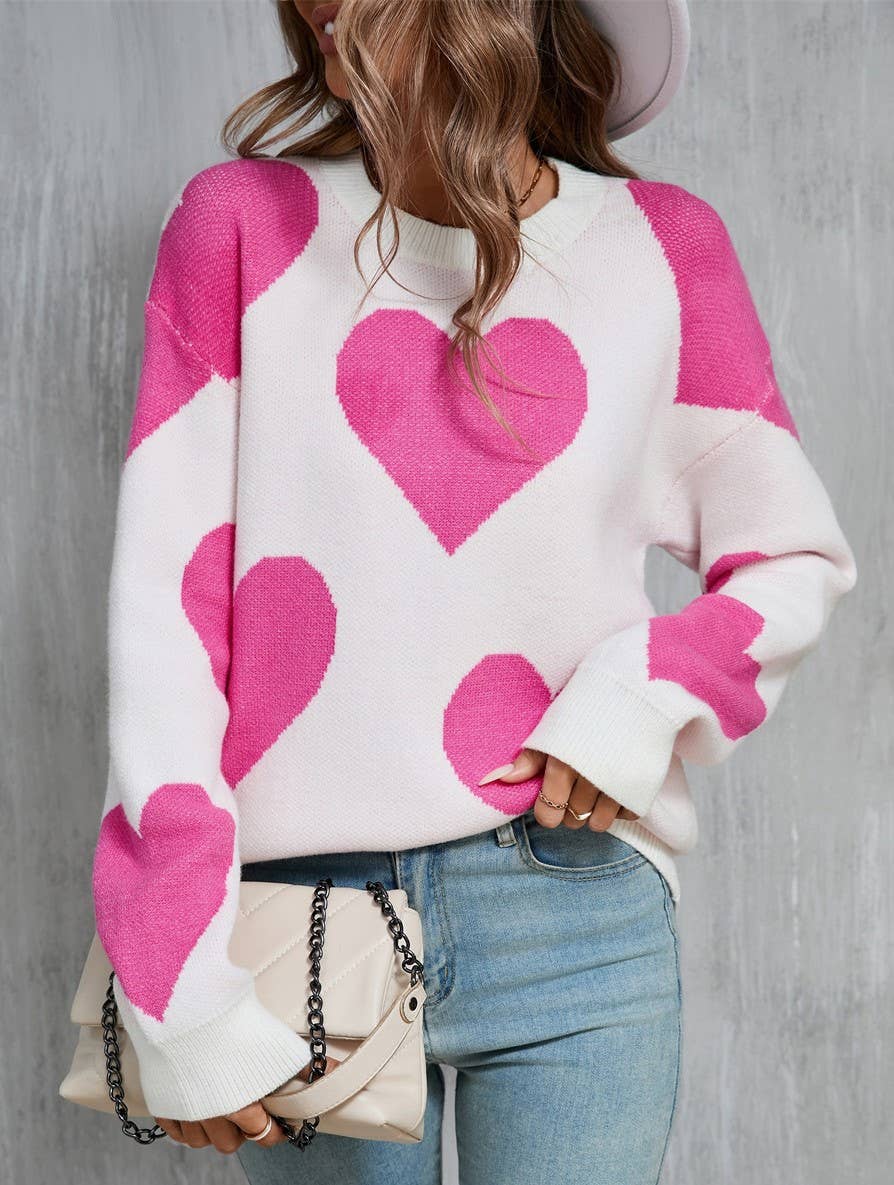 Colorblock Heart Intarsia Knit Sweater
