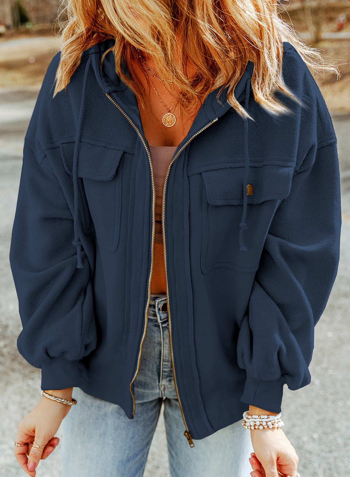 Oversized Zip Up Fleece Hooded Jacket - Blue - 1