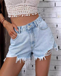 High Rise Ripped Cutoff Denim Shorts - Blue