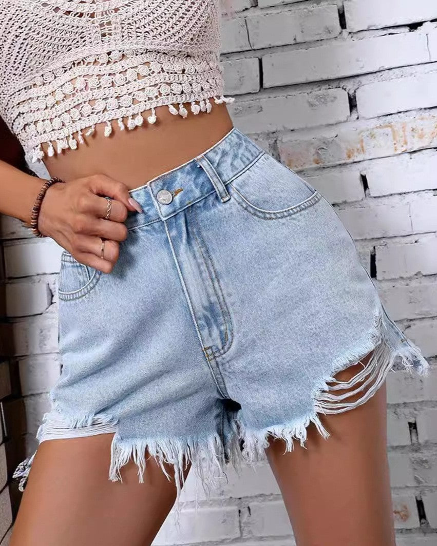 High Rise Ripped Cutoff Denim Shorts - Blue - 2