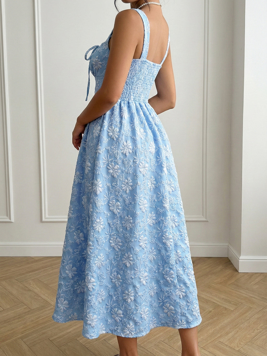 Floral Jacquard Square Neck Midi Dress