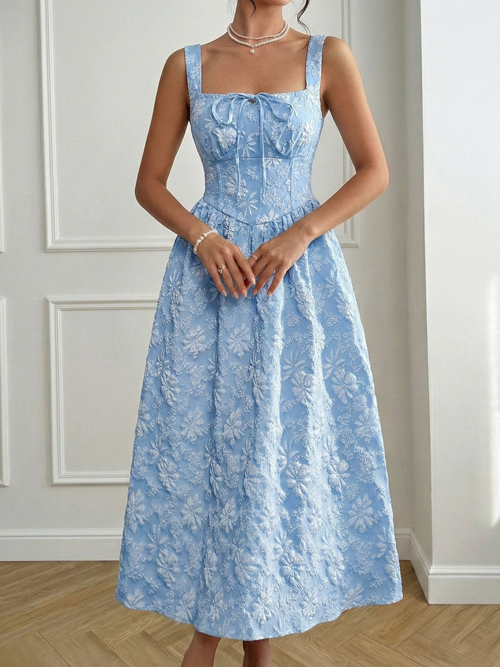 Floral Jacquard Square Neck Midi Dress - view 1