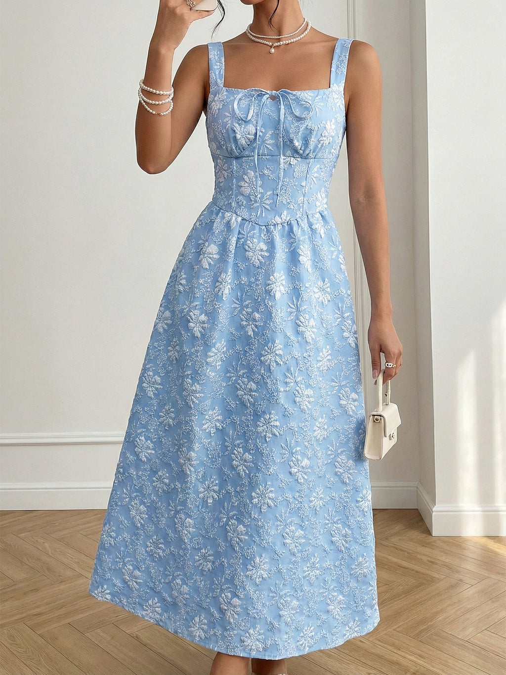Floral Jacquard Square Neck Midi Dress - view 3