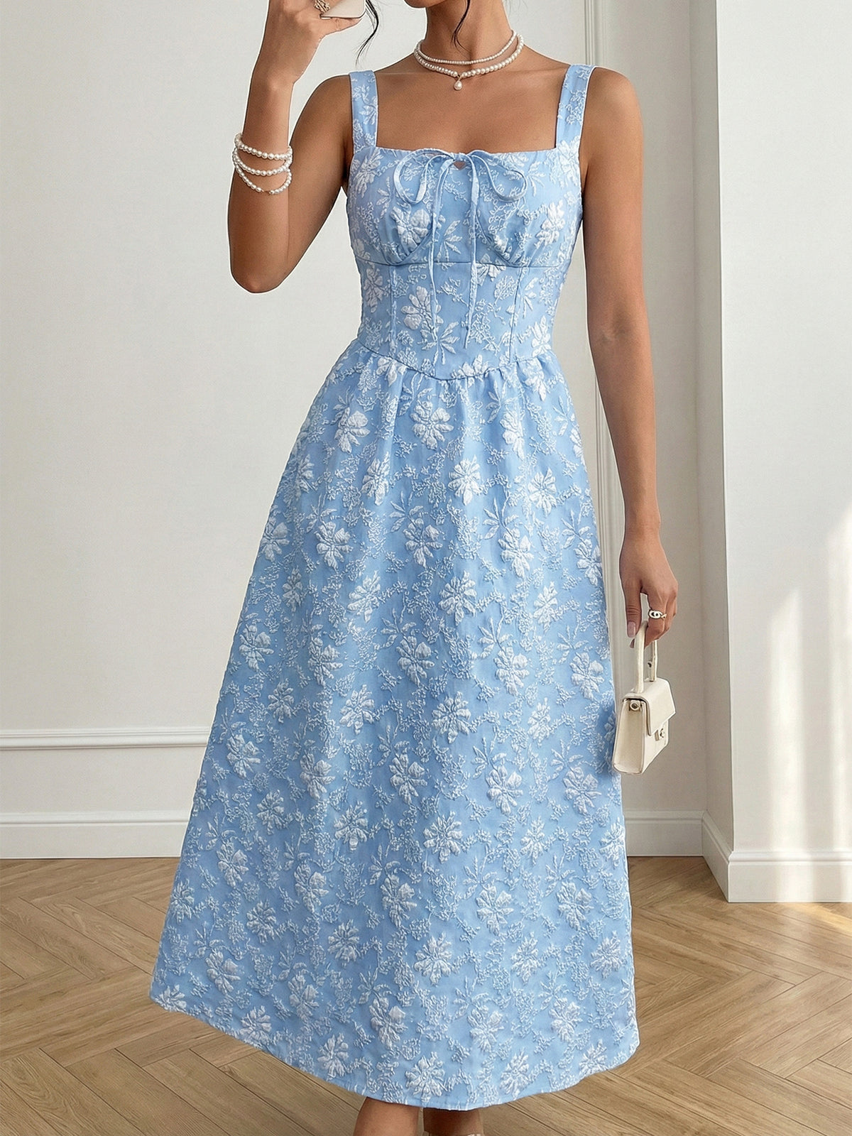 Floral Jacquard Square Neck Midi Dress - view 3
