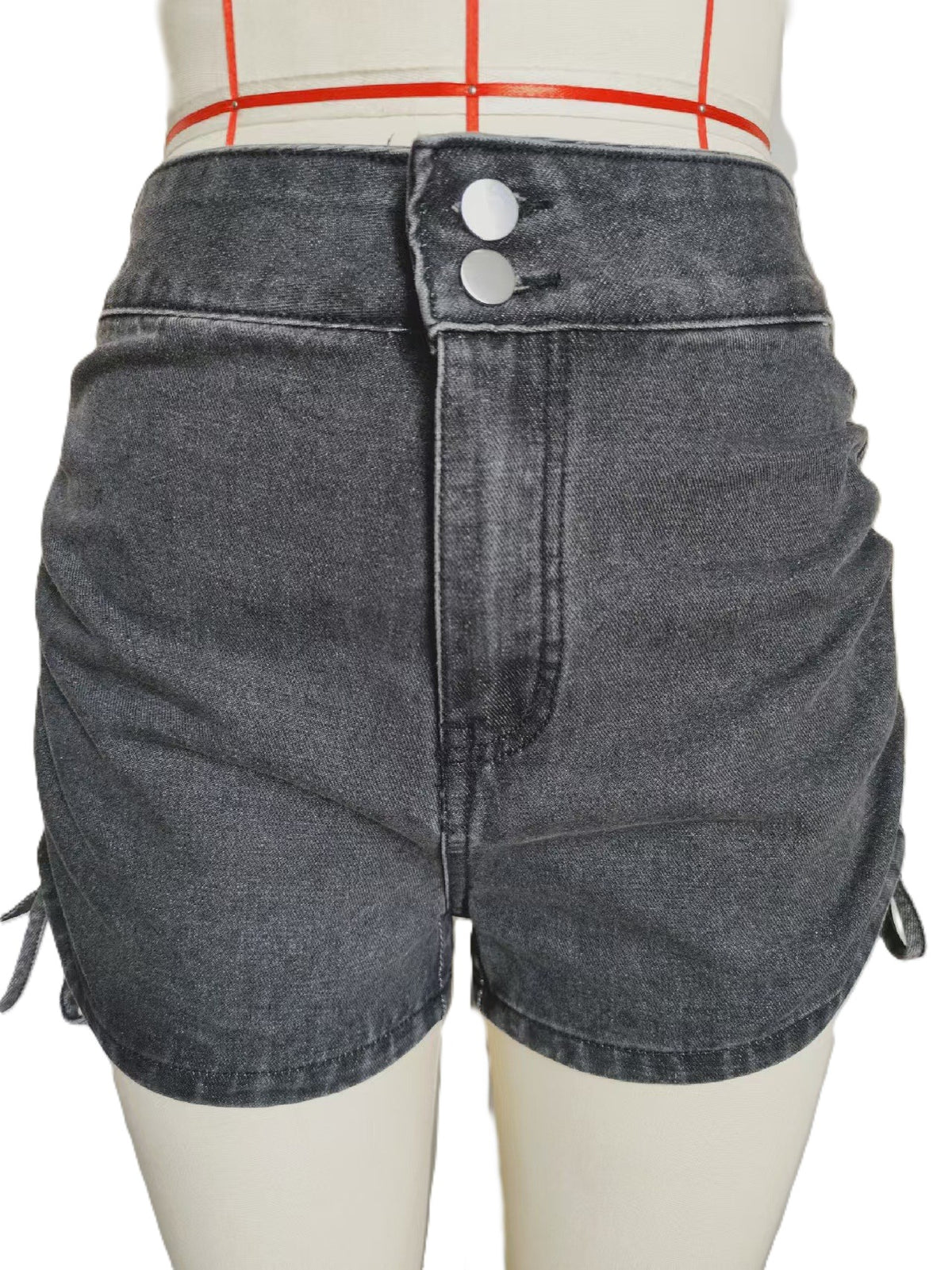 Ruched Drawstring Side Denim Shorts - Black