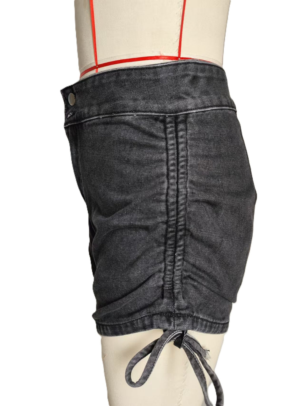 Ruched Drawstring Side Denim Shorts - Black - 1